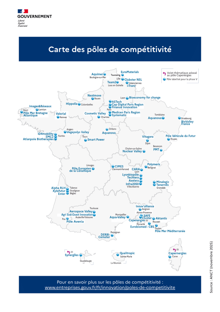 Liste des pôles de compétitivité, localisés sur une carte de France